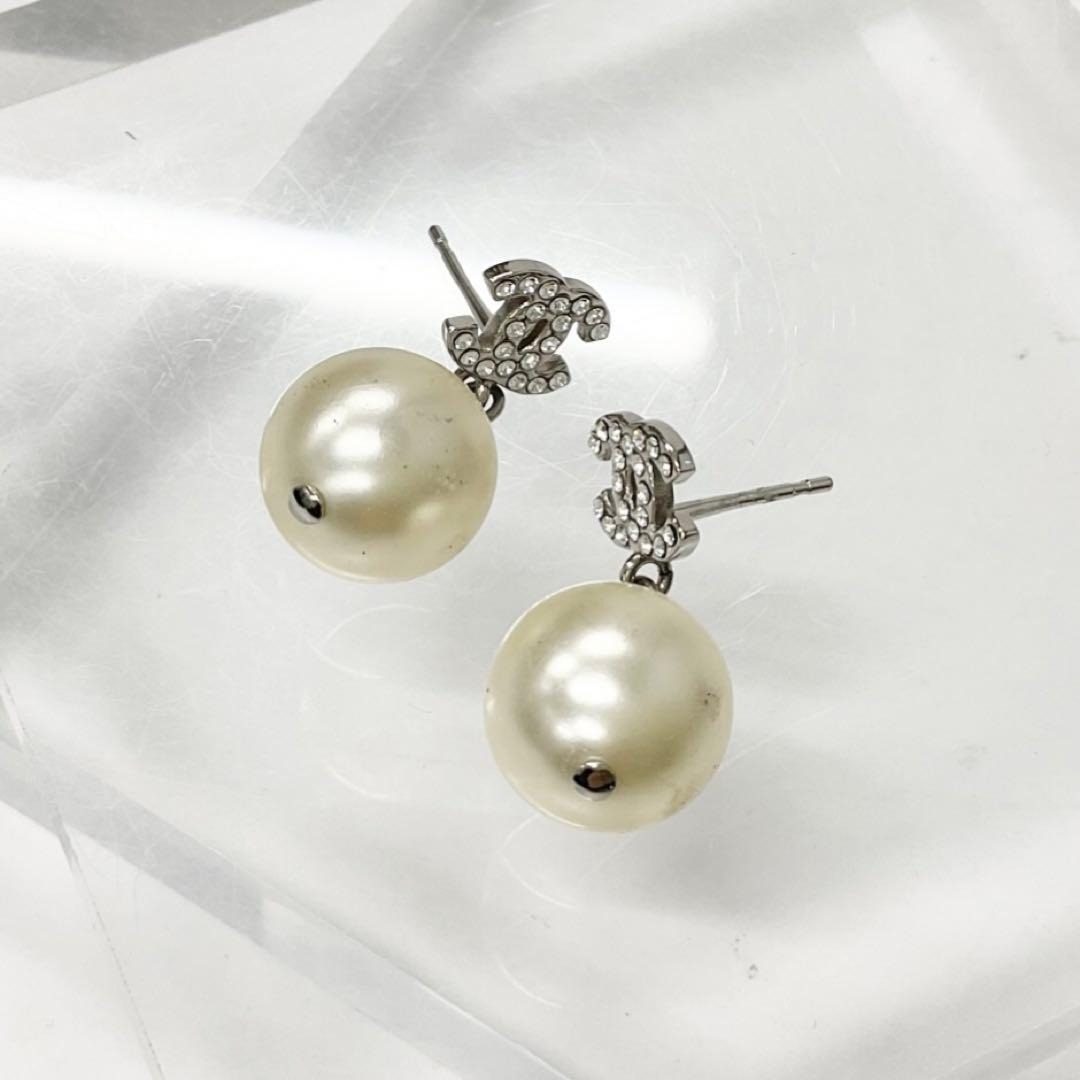 Chanel Earrings CC Logo Line Stone Pearl Silver