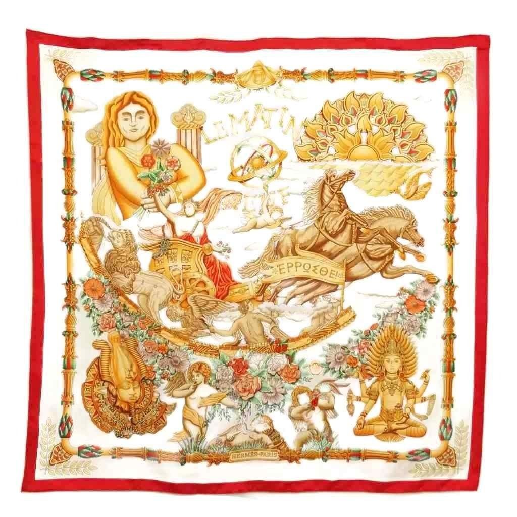 Hermes Lematin Neuf New Morning Carre 90 Large Scarf White Red
