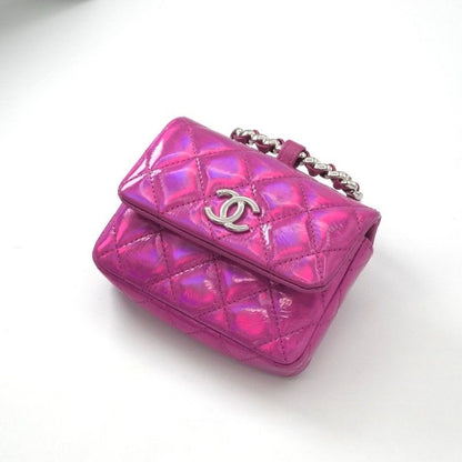 Chanel Charm Metallic Pink Silver Quilted Pouch With Hook Ears Gift
