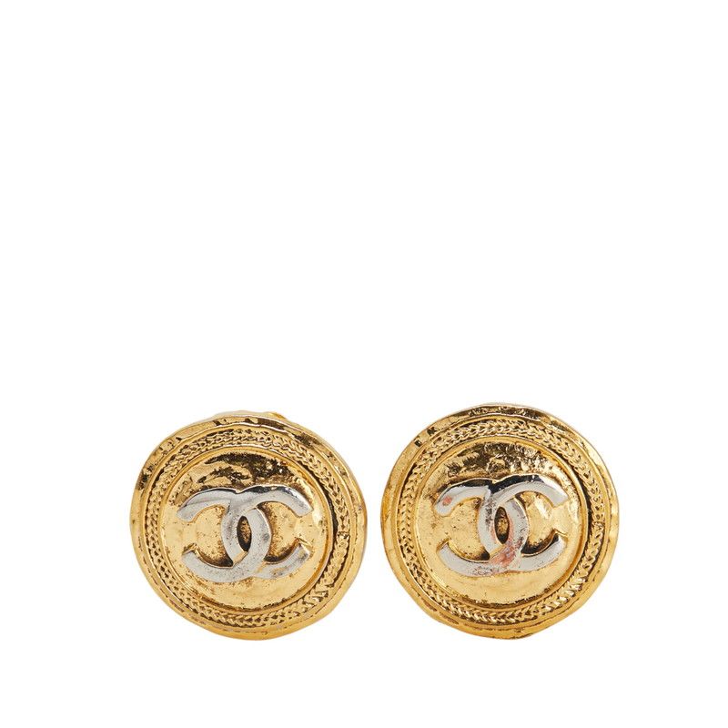 Chanel Earrings Vintage 24K CC Coco Mark Round Gold Silver Plated Ladies