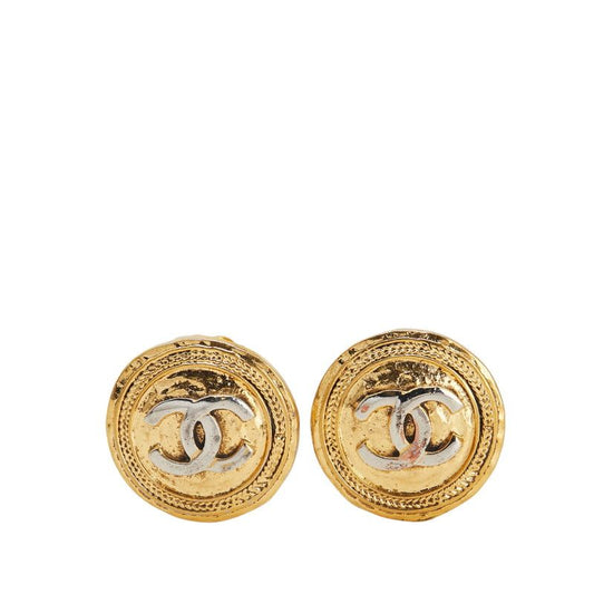 Chanel Earrings Vintage 24K CC Coco Mark Round Gold Silver Plated Ladies