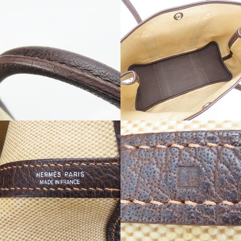 Hermes Handbag Garden Party PM Canvas Leather Beige Dark Brown Silver Hardware