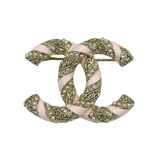 Chanel Brooch Corsage Gold Pink Here Mark Rhinestone Pearl