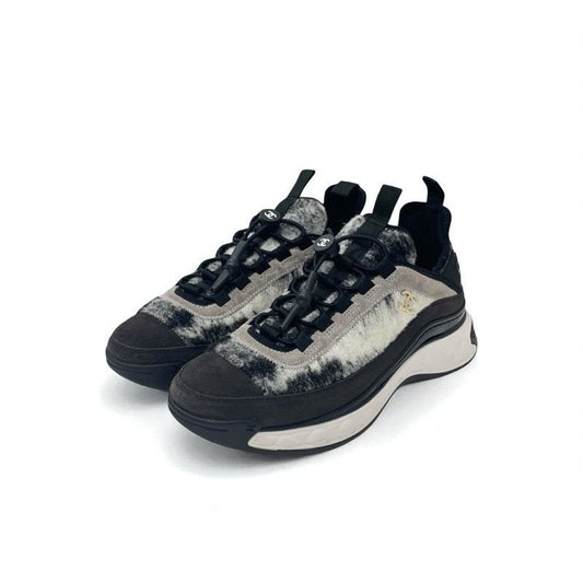 Chanel Sneakers Shoes Mohair Suede Gray Black White Quilted Coco Mark Logo