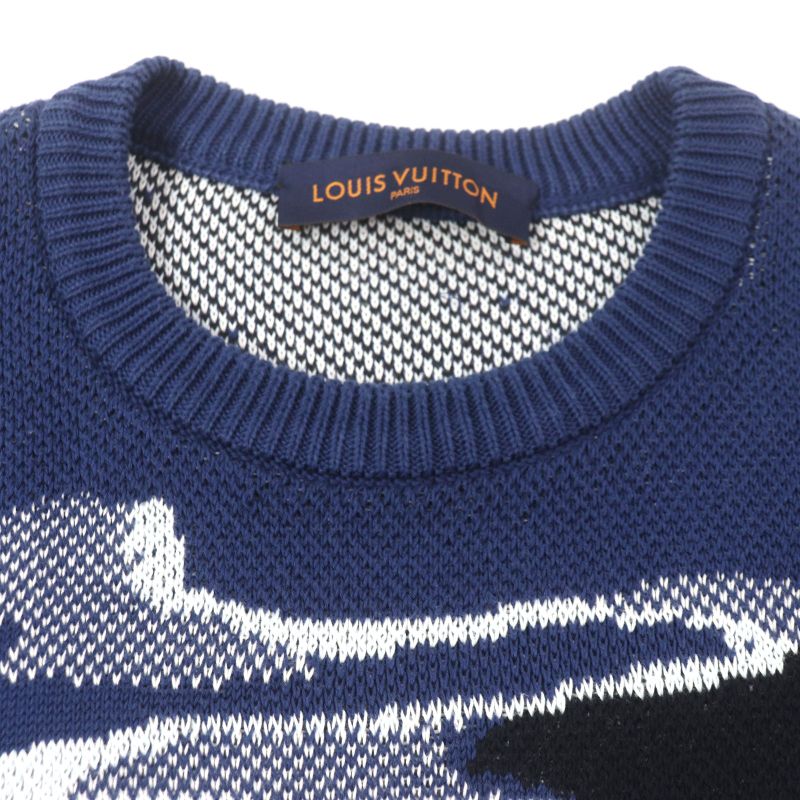 Louis Vuitton 20SS 100% Cotton Camo Pique Jacquard Crewneck Knit Sweater Navy