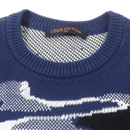 Louis Vuitton 20SS 100% Cotton Camo Pique Jacquard Crewneck Knit Sweater Navy