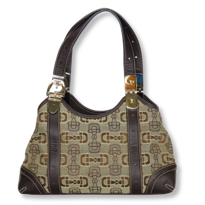 Gucci Handbag 145761 Horsebit Canvas Leather Beige Brown Gold Hardware Casual