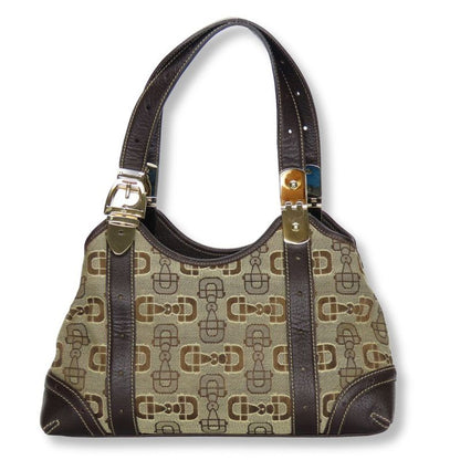 Gucci Handbag 145761 Horsebit Canvas Leather Beige Brown Gold Hardware Casual
