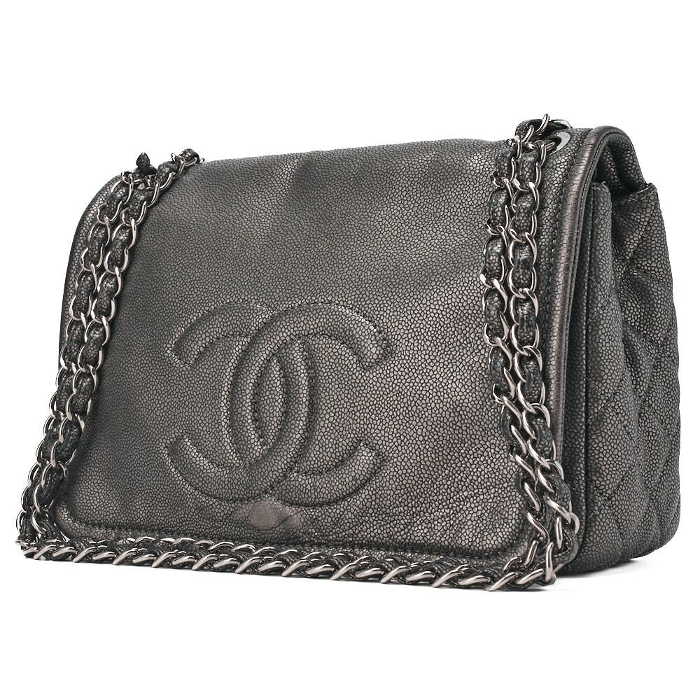 Chanel Matelasse Coco Mark Chain Shoulder Soft Caviar Skin Silver (silver