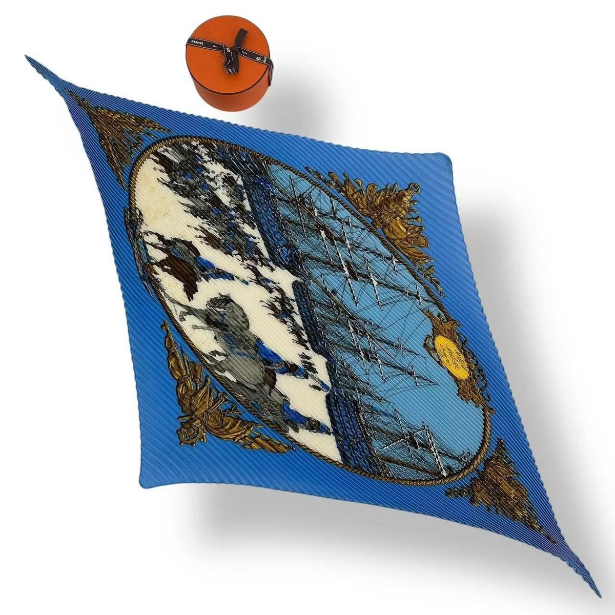 Hermes Scarf Silk Pleated Marine ET Cavalerie Sea and Cavalry Blue