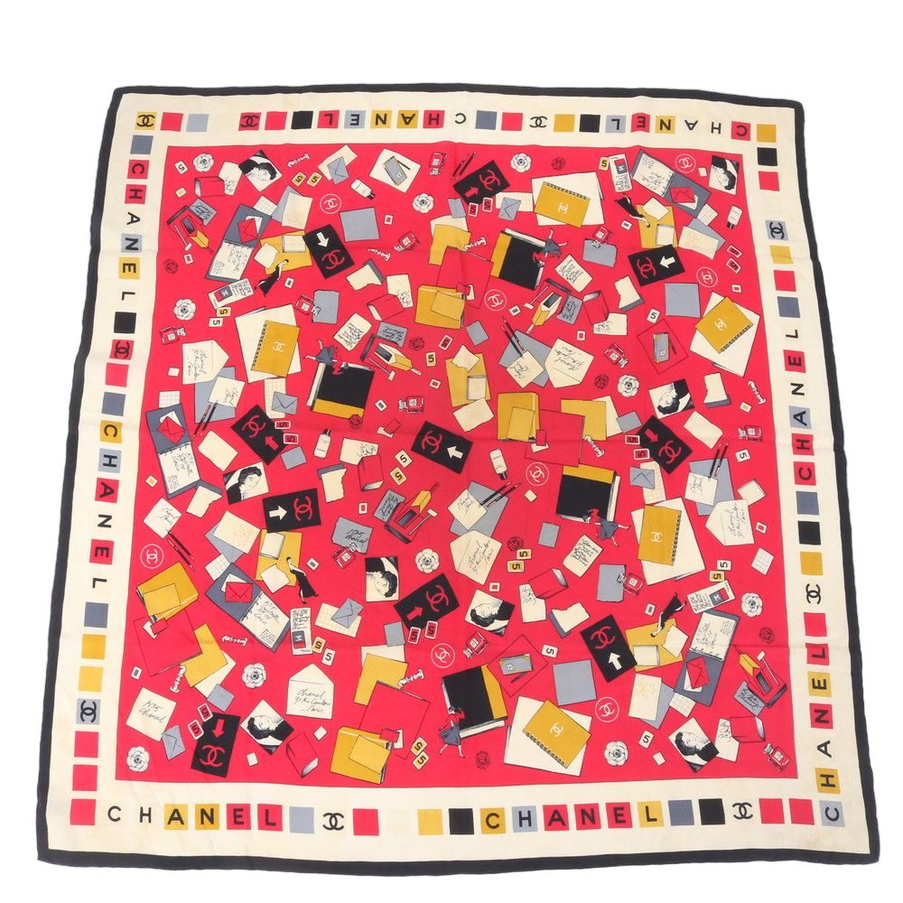 Chanel Tagged Camellia Stationery Pattern Silk Scarf