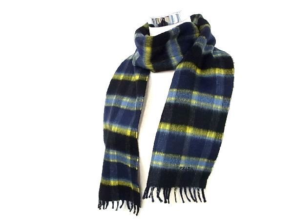 Prada 100% Cashmere Checkered Fringe Scarf Men's And Women's Navy And