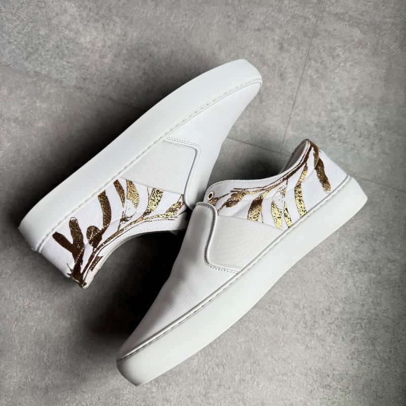 Chanel Coco Mark Leather White Gold Floral Slip on White Women's Branded Shoes