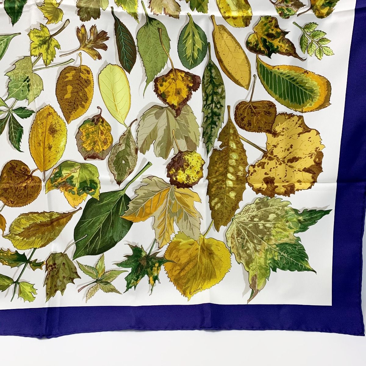 Hermes Fallen Leaves White X Navy Silk Scarf