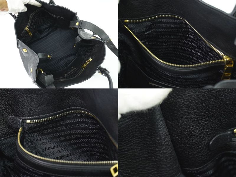 Authentic Prada Leather 2WAY Shoulder Bag Tote Handbag Pochette Black Bag