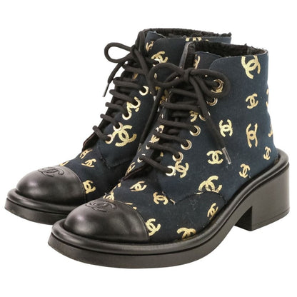 Chanel CC Logo Print Canvas Lamfa Short Boots 37 Black