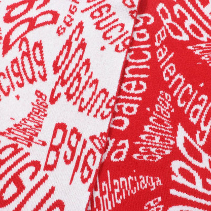 Balenciaga 583121 Virgin Wool Large Shawl Scarf With Logo Pattern Red Ivory S