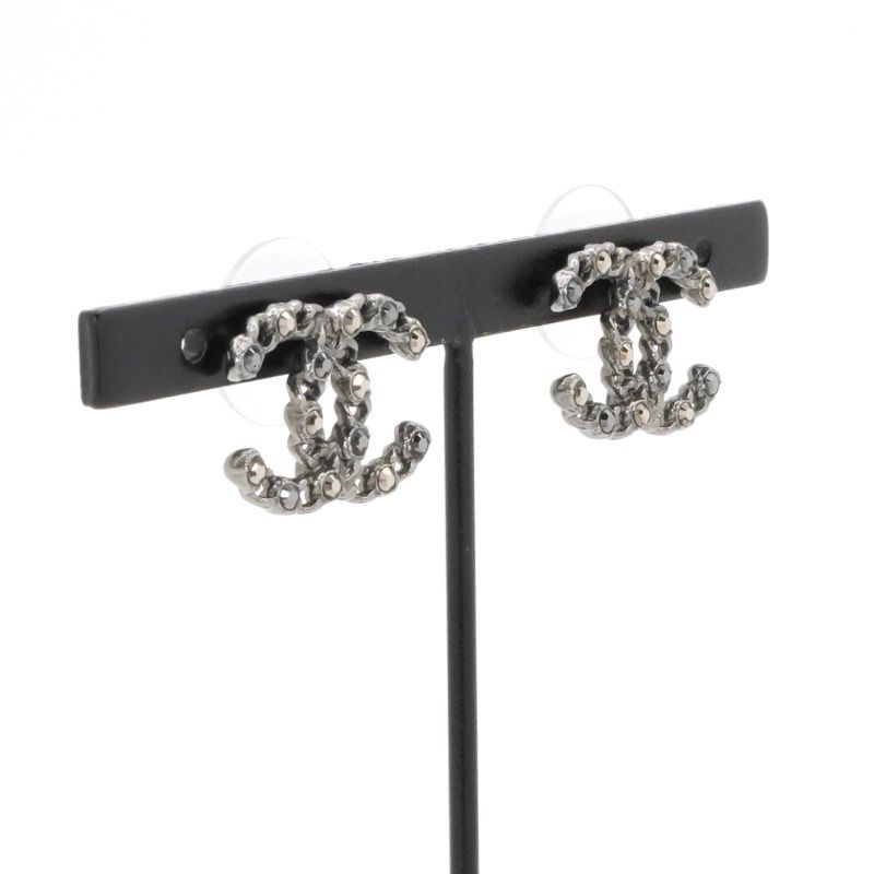 Chanel Earrings Earring Silver Black Coco Mark Rhinestone