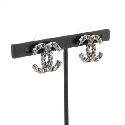 Chanel Earrings Earring Silver Black Coco Mark Rhinestone