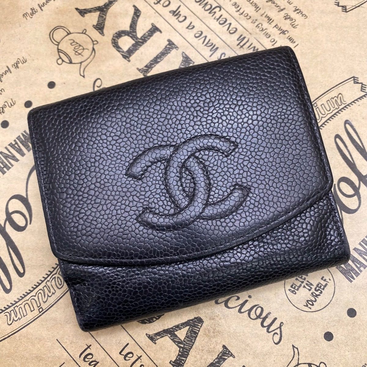Chanel Wallet Bifold Hook Caviar Leather Compact Black CC Logo — view 3