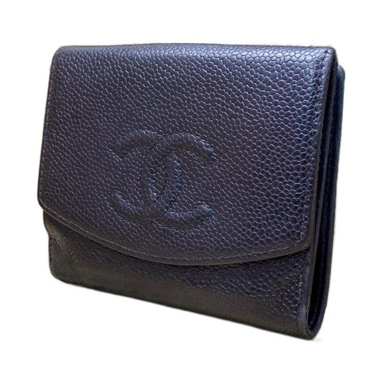 Chanel Wallet Bifold Hook Caviar Leather Compact Black CC Logo