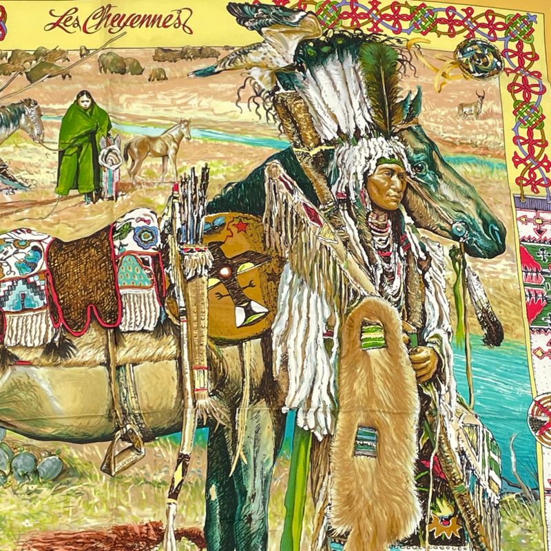 Hermes Les Cheyennes Cheyenne Carre 90 Silk Yellow Multicolor