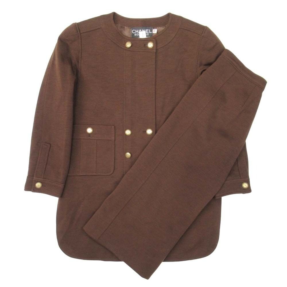 Chanel Vintage CC Logo Gold Button Skirt Suit Collarless Jacket Tight Brown 36