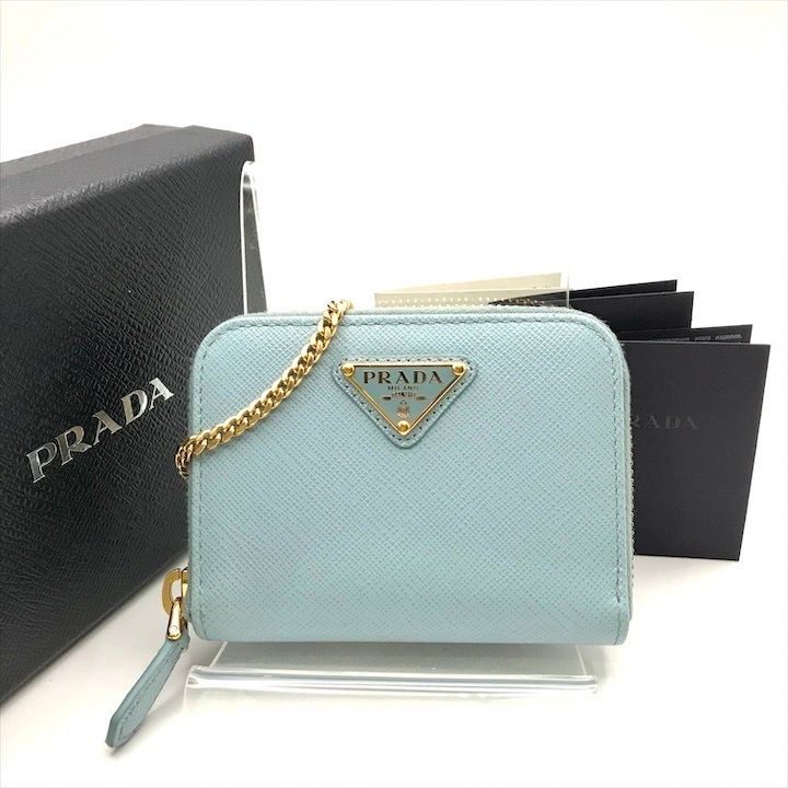 Prada Saffiano Leather Chain Shoulder Card Case Wallet Blue