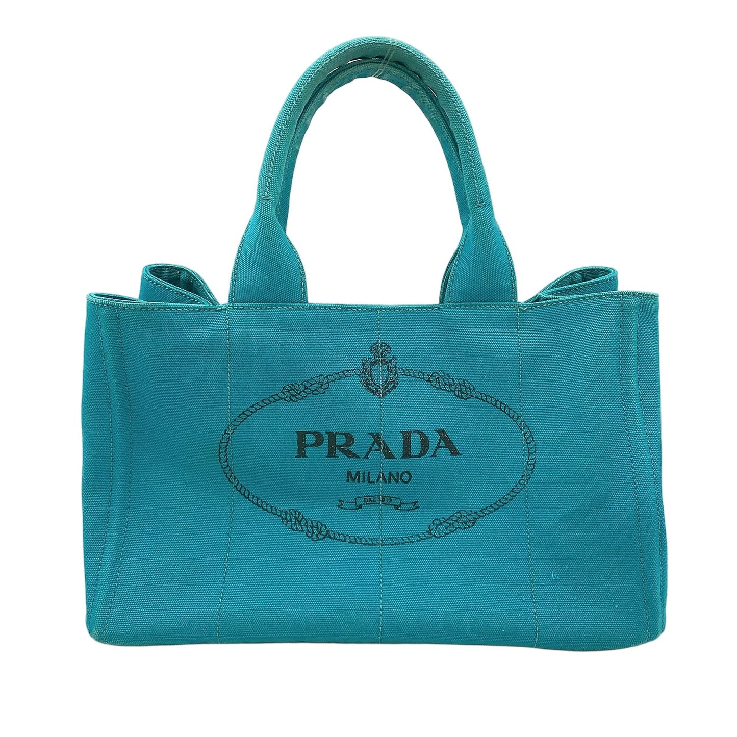 Prada Canapa Canvas Blue Green Tote Gold
