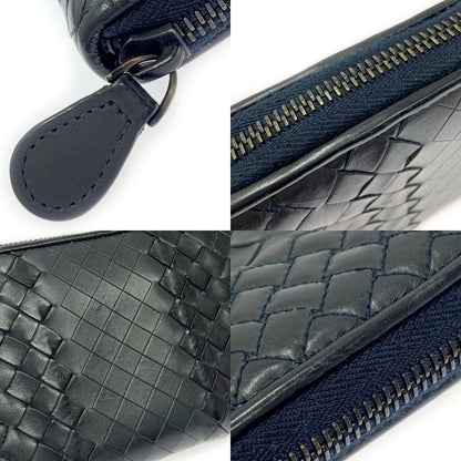 Bottega Veneta Leather Intreccio Imperatore Round Zipper Long Wallet Black