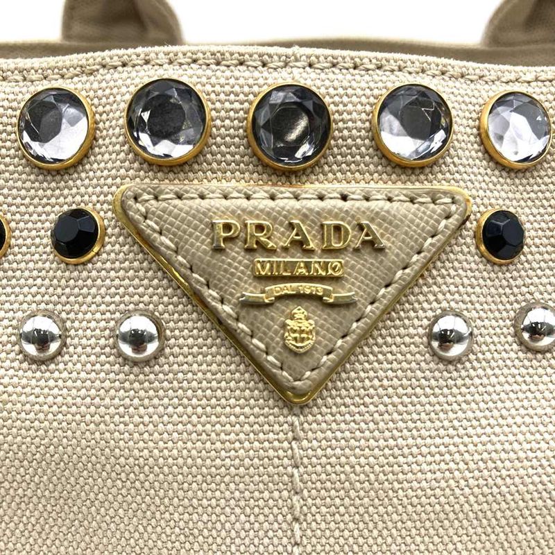Prada Canapa Bijoux Tote Handbag Studded Canvas Beige Ivory Women's