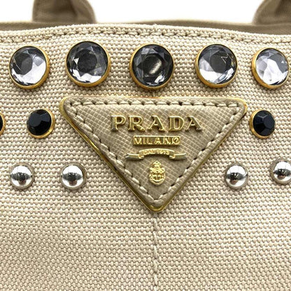 Prada Canapa Bijoux Tote Handbag Studded Canvas Beige Ivory Women's