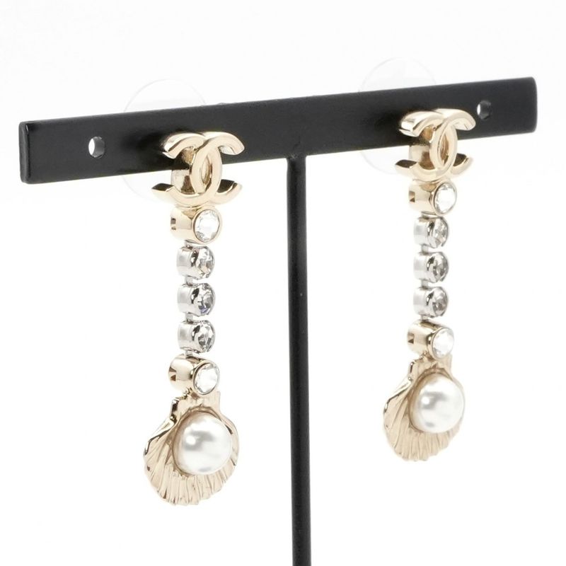 Chanel Earrings Earring Gold Coco Mark Drop Earrings Seashell Rhinestone