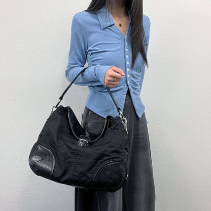 Prada Tote Black Nylon Leather Vintage