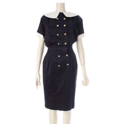 Chanel Cotton Vintage Camellia Gold Button Dress Navy White 34