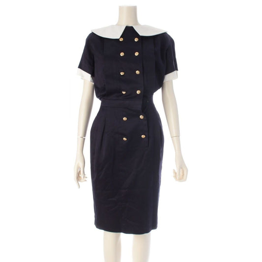 Chanel Cotton Vintage Camellia Gold Button Dress Navy White 34
