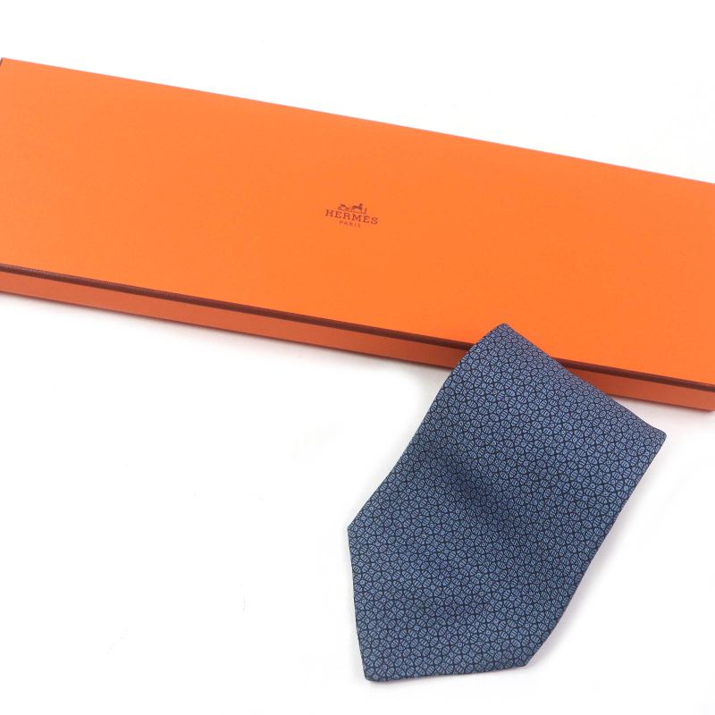 Hermes 7695 OA 100% Silk Geometric Pattern Wide Tie Blue With Box Men's