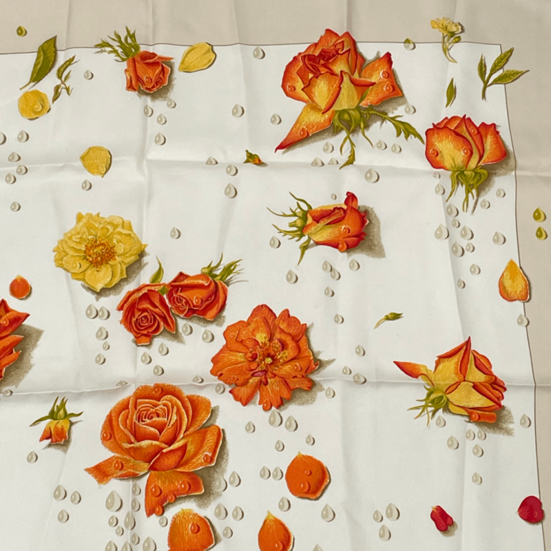 Hermes Carre 90 LA Rosee Anne Gavarni Rose Drop Scarf Silk Beige