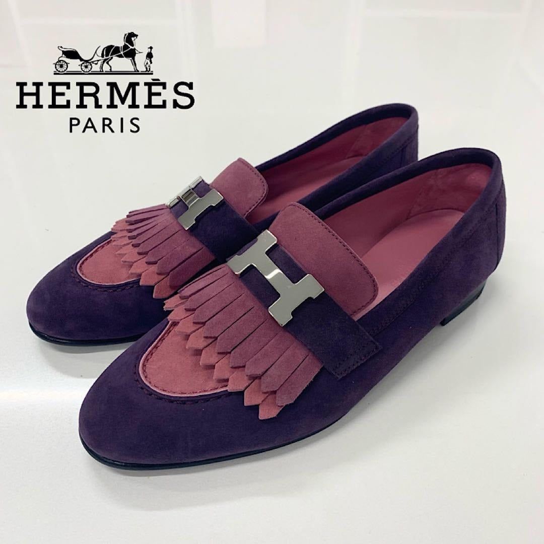 Hermes Royale Suede Hhardware Fringe Loafers Purple Pink