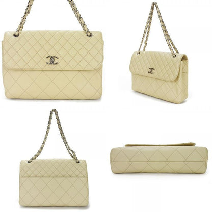 Chanel Shoulder Bag Quilted Large Calf Beige Ivory Silver Hardware Chain 15 th