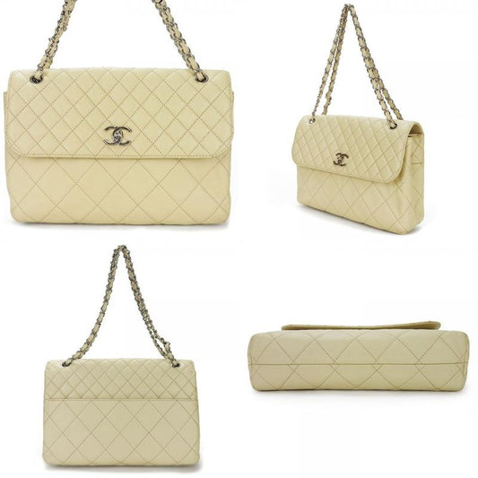 Chanel Shoulder Bag Quilted Large Calf Beige Ivory Silver Hardware Chain 15 th