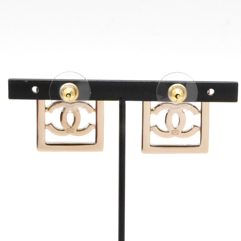 Chanel Earrings Earring Gold Coco Mark Square Matelasse Rhinestone