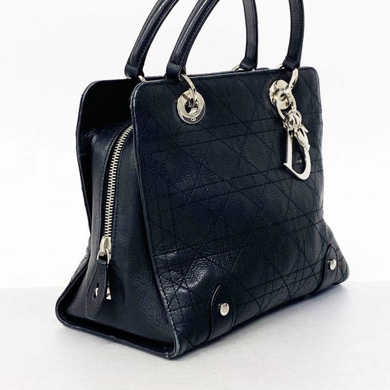 Christian Dior Handbag Cannage Leather Black Silver Hardware Women