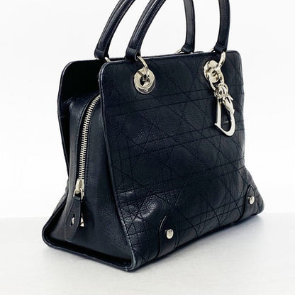 Christian Dior Handbag Cannage Leather Black Silver Hardware Women