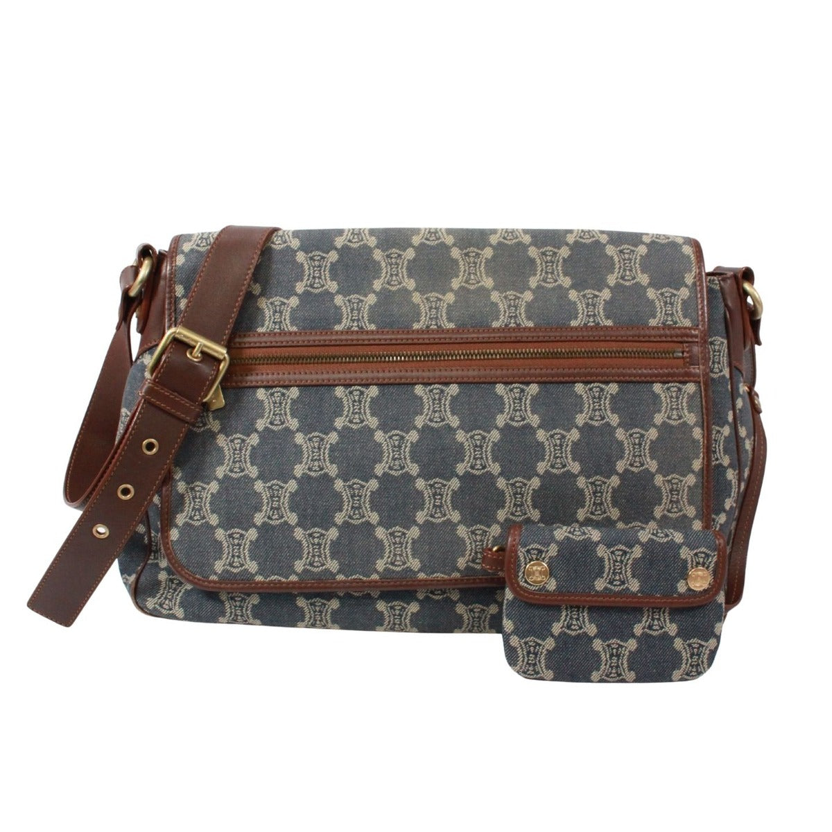 Celine Leather Denim Brown Blue Shoulder Bag Gold