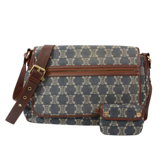 Celine Leather Denim Brown Blue Shoulder Bag Gold