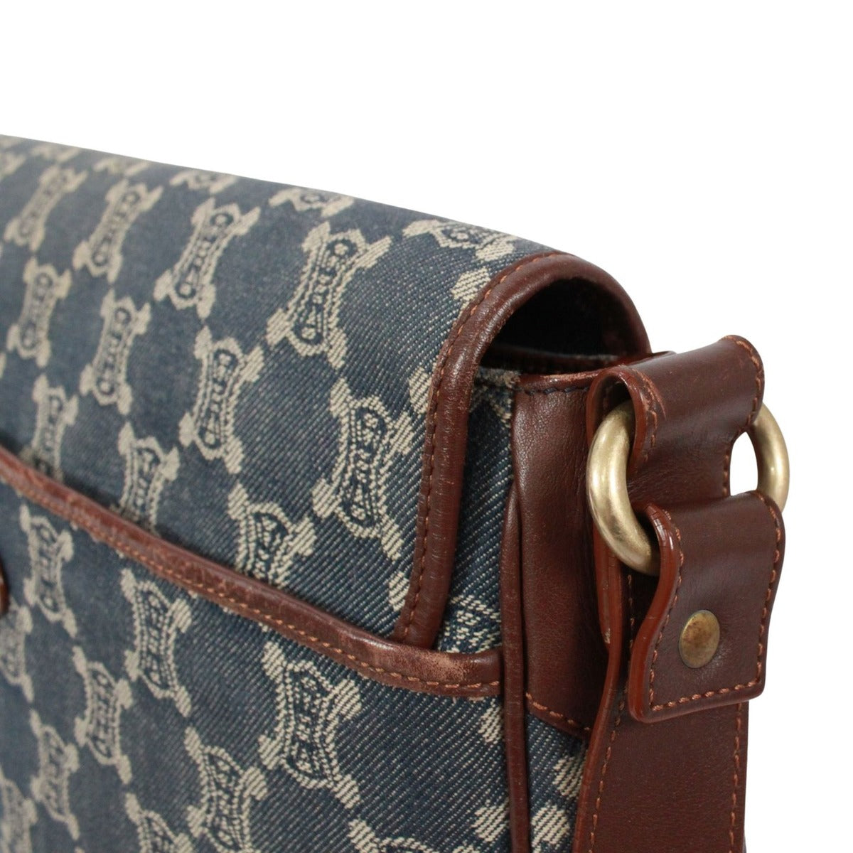 Celine Leather Denim Brown Blue Shoulder Bag Gold — view 13