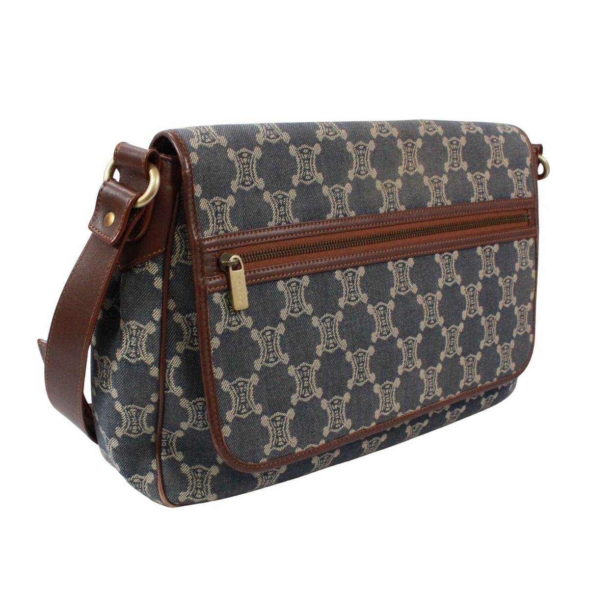 Celine Leather Denim Brown Blue Shoulder Bag Gold — view 2