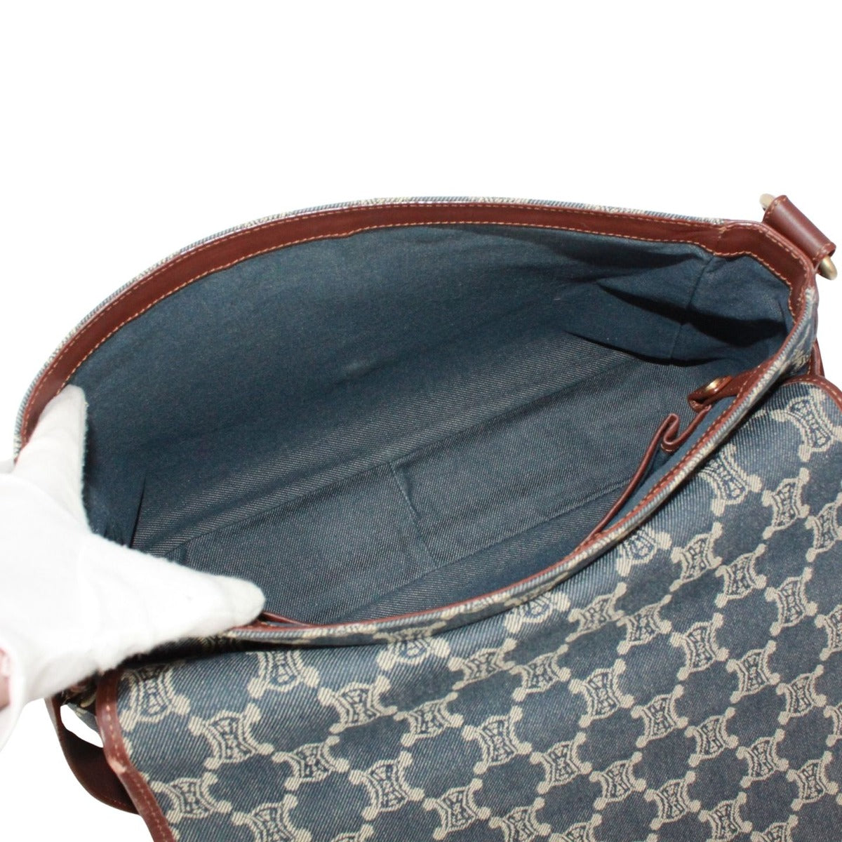 Celine Leather Denim Brown Blue Shoulder Bag Gold — view 8