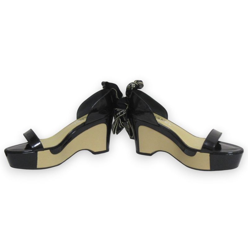 Chanel Patent Leather Platform Ribbon Ankle Strap Heeled Sandals 37.5 Approx